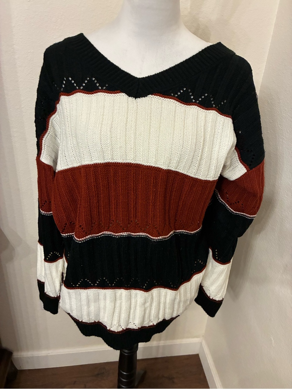 BloomChic V-Neck Striped Sweater in Black, White & Rust